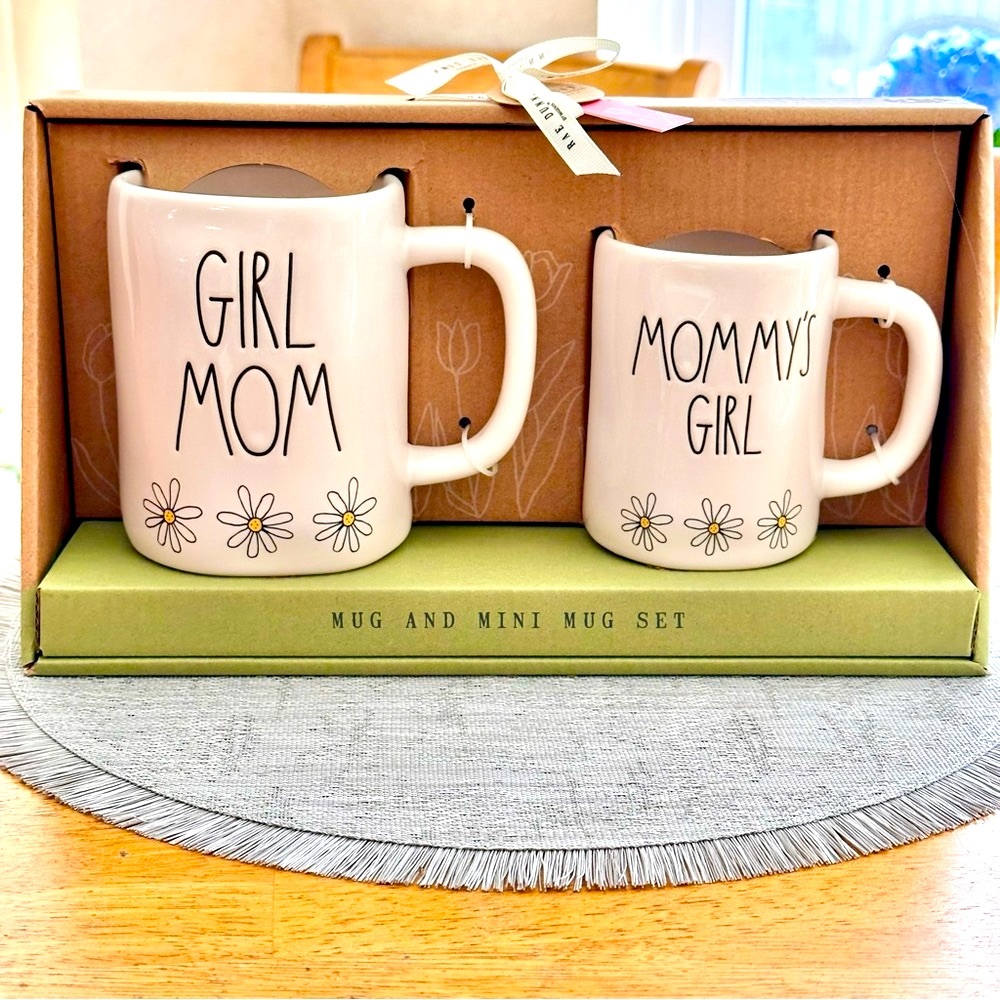 Rae Dunn GIRL MOM & MOMMY'S GIRL Flowers Ceramic Mug & Mini Mug Set BRAND NEW!!